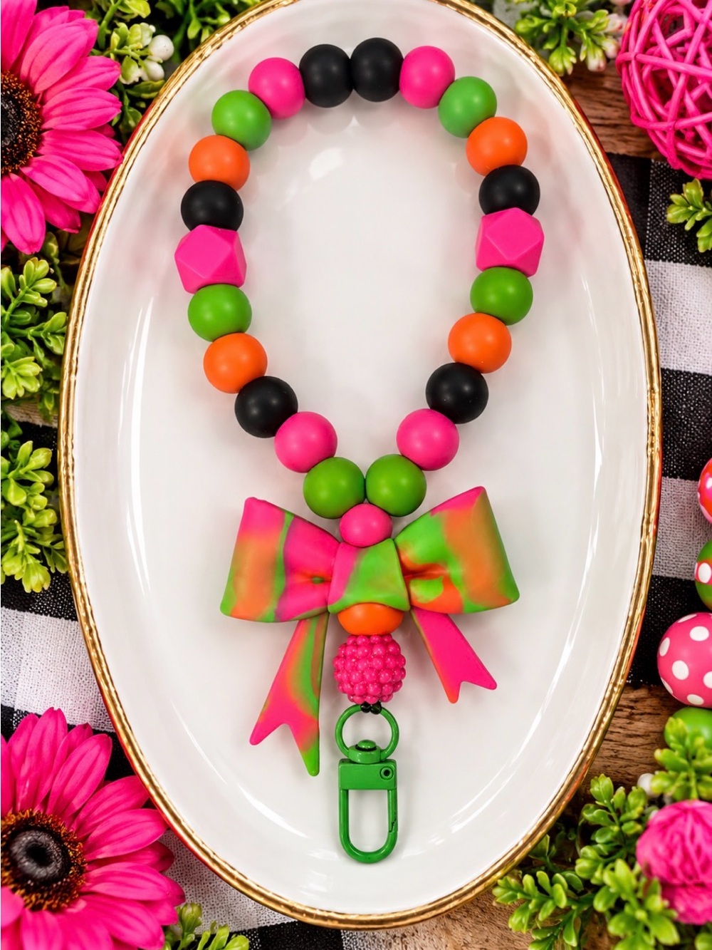 Hand Crafted Colorful Beaded Keychain with Bow - Pink, Green, Orange, Black